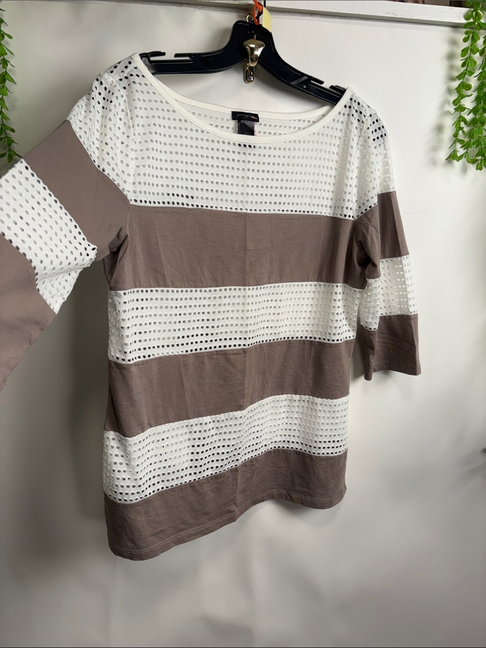 Ann Taylor Taupe and White Eyelet-Stripe Tunic